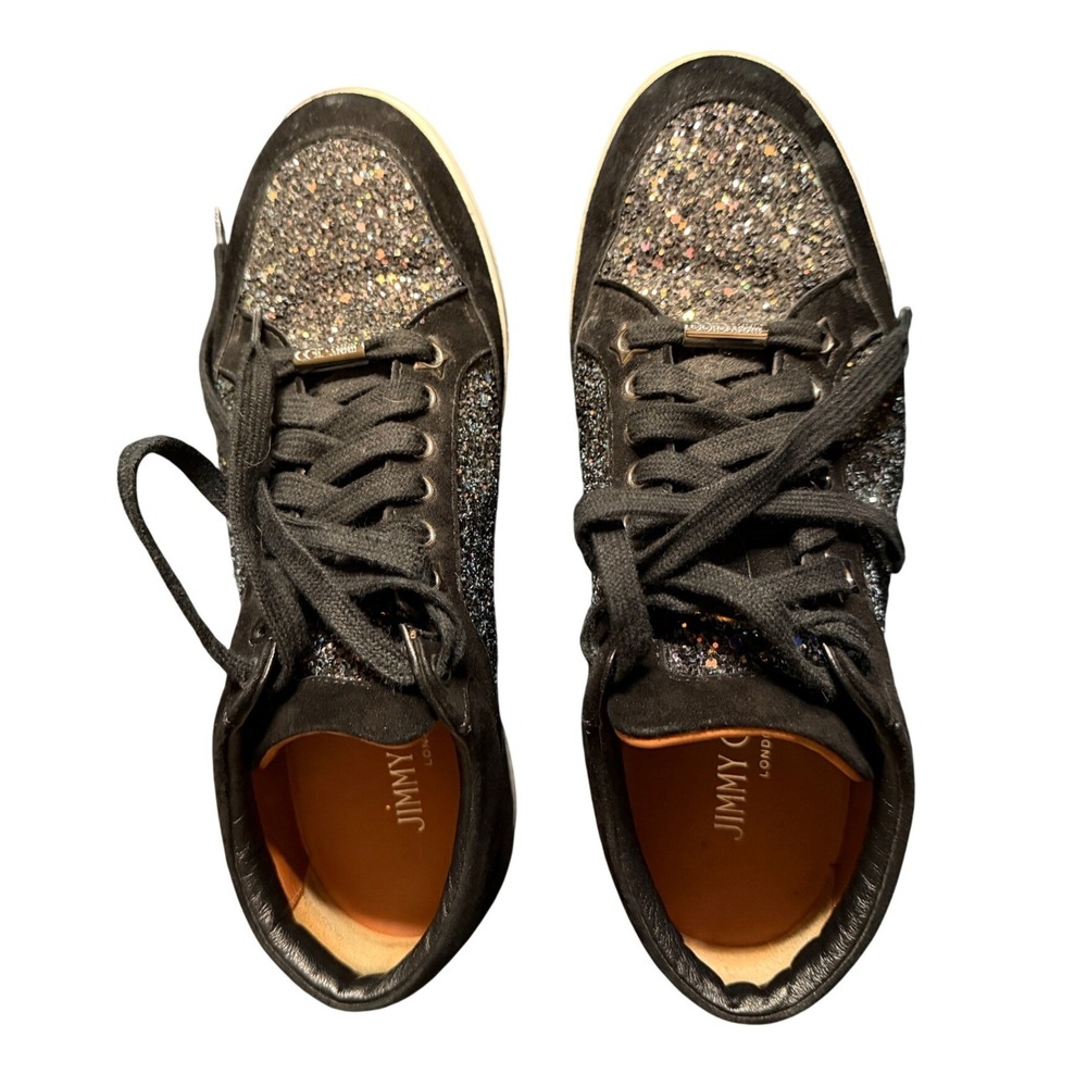 Jimmy Choo Black Suede Glitter Star Sole Low Top Sneakers Mens Womens